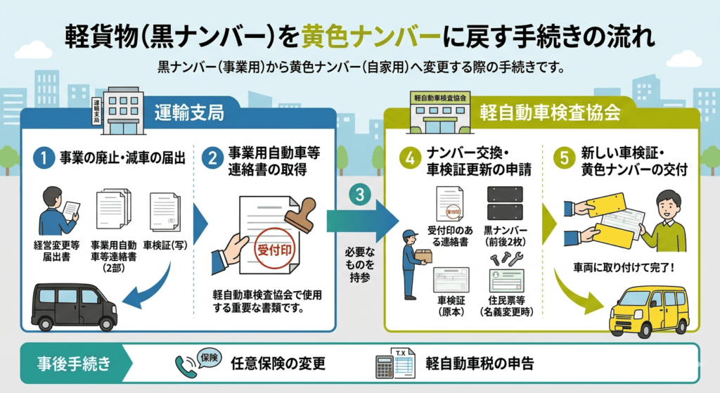 軽貨物(黒ナンバー)を黄色ナンバーに戻す時の流れ図解